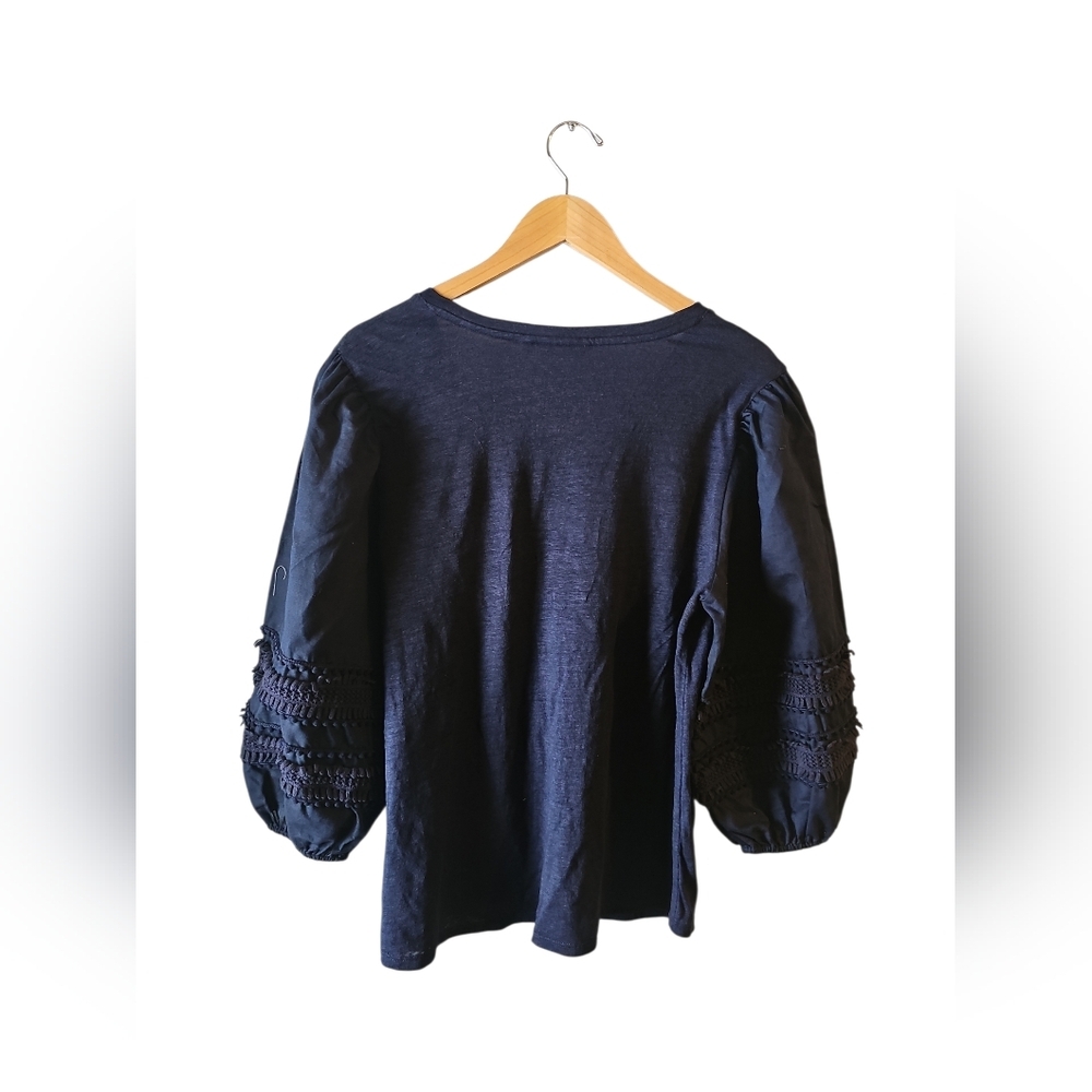 Chicos 3 Navy Blue Linen Shirt Tunic Slub Knit Pom 3/4 Sleeve Sz 16 XL New WT21 - Picture 4 of 7